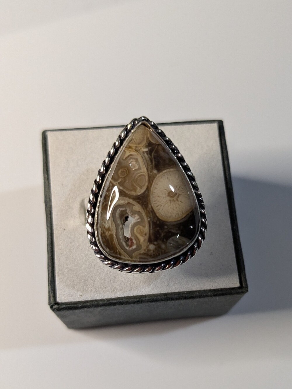 Handcrafted Fossil Corral Teardrop Ring  (9.5)